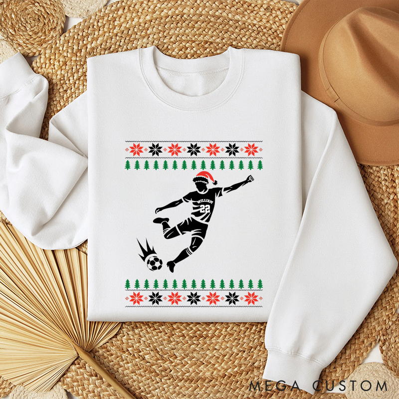 Personalized Soccer Player Christmas Sweatshirt with Festive Design and Custom Name