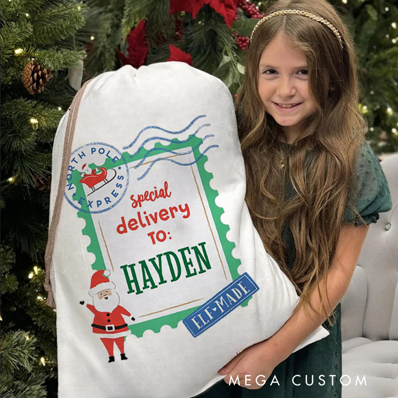 Personalized Special Delivery Christmas Bag with Elf Design and Name for a Magical Holiday Gift Experience