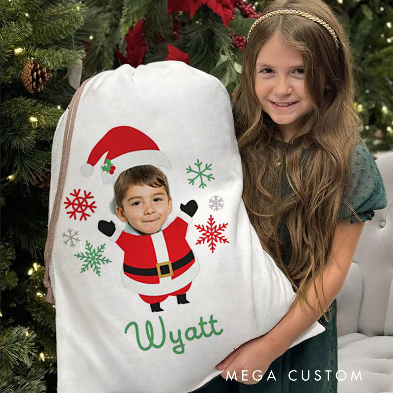 Personalized Photo Face Christmas Bag with Festive Elf Outfit and Name for a Joyful Holiday Surprise