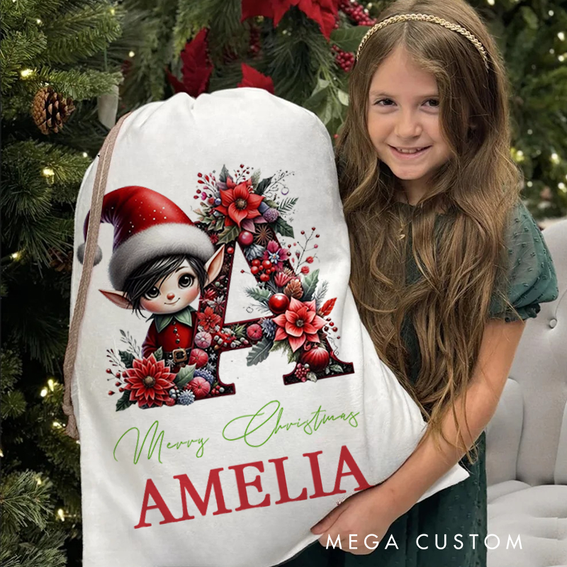 Personalized Cute Christmas Elf Floral Initial Ceramic Christmas Sack with Name Christmas Decor Gift