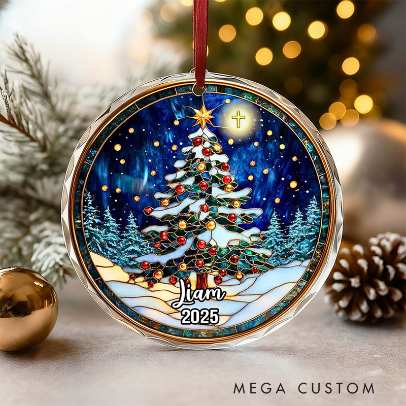 Personalized Santa Snowman Christmas Tree Cross Nativity Stained Glass Christmas Ornament with Name and Year Tree Decoration Christmas Christian Gift