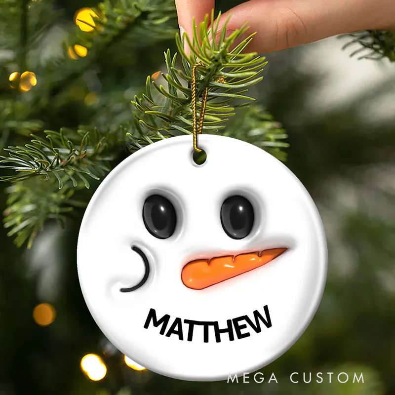 Personalized Snowman Smile Name 3D Inflated Effect Printed Combo Circle Ceramic Ornament Set