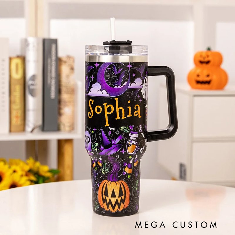 Personalized Name Halloween Ghost Pumpkin Tumbler 40oz Stainless Steel Halloween Spooky Tumbler with Lid Straw Halloween Gift