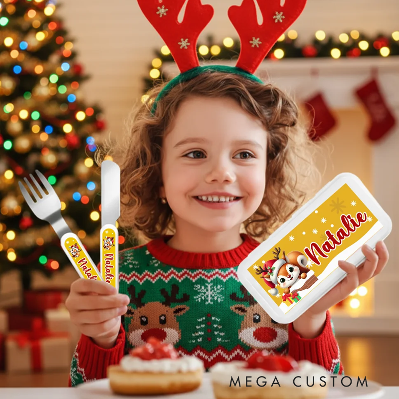 Personalized Cartoon Animal Snowflake Santa Hat Food-Grade Kid's Fork Spoon Knife 3 Pcs Cutlery Set with Name Christmas Party Gift 