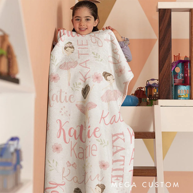 Personalized Cute Pink Ballet Girl Blanket Flannel Blanket Ballet Lover Blanket with Name for Dance Lovers Dancer