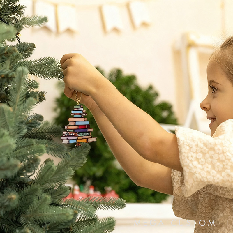 Personalized Book Tree Acrylic Christmas Ornament with Bible Verse Holiday Tree Window Car Decor Religious Christmas Gift Book Club Gift for Bookworms