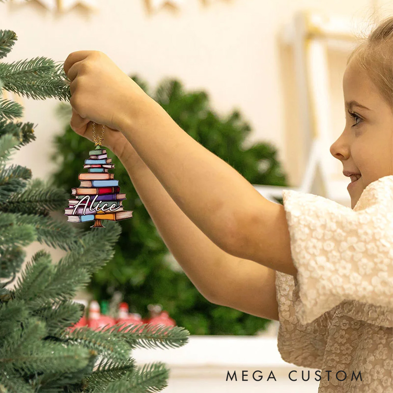 Personalized Book Tree Suncatcher Christmas Ornament Holiday Tree Window Car Decor with Name Birthday Book Club Gift for Bookworms Librarians