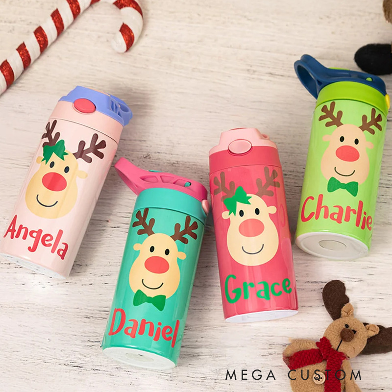 Personalized Colorful Reindeer 12oz Water Bottle with Name and Silicone Straw Birthday Christmas Gift