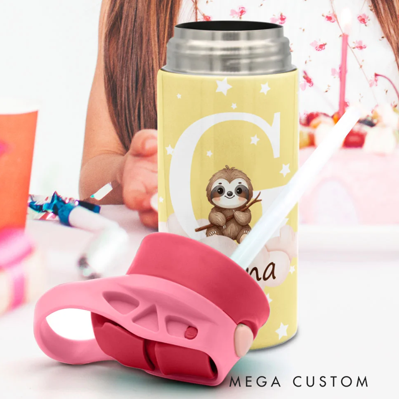 Personalized Initial Cute Forest Animal 12oz Kid Insulated Name Water Bottle with Handle and Silicone Straw Birthday Back To School Gift 