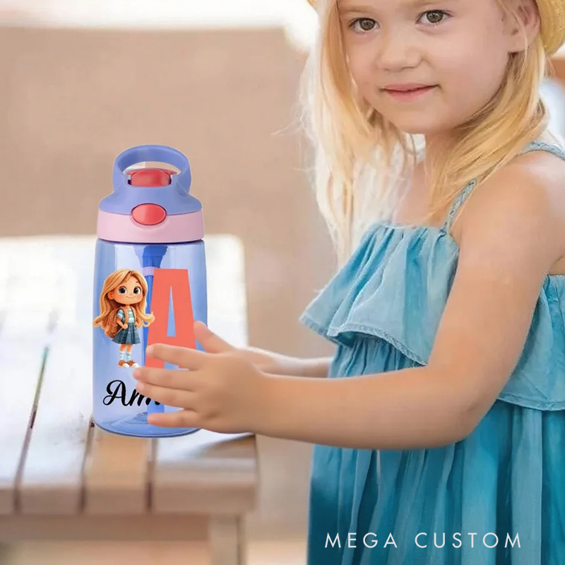 Personalized Cartoon Character 16 oz Kid Water Bottle with Name and Initial Outdoor Activities Birthday Christmas Back to School Gift 