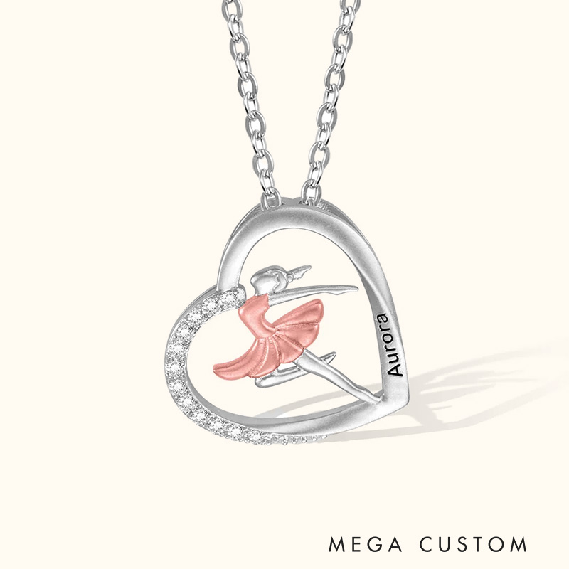 Personalized Ballet Dancing Girl Necklace Engraved Name Heart Pendant Jewelry Gift for Ballerina Dancer Dance Lovers