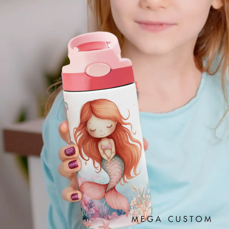 Personalized Pink Mermaid 12oz Insulated Kid Water Bottle with Name and Silicone Straw Back to School Birthday Gift