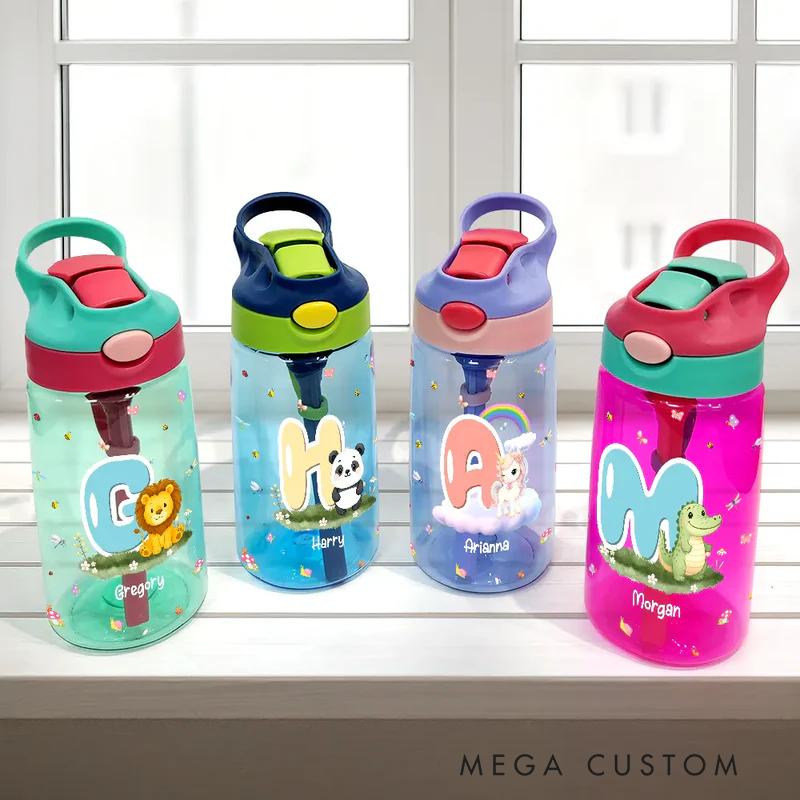 Personalized Cute Animals with Letters Kids Water Bottle with Straw
