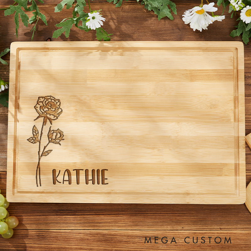 Personalized Line Style Birth Flower Cutting Board for Bakers Bamboo Charcuterie Serving Tray Thanksgiving Bread Board for Baking Lover Gift