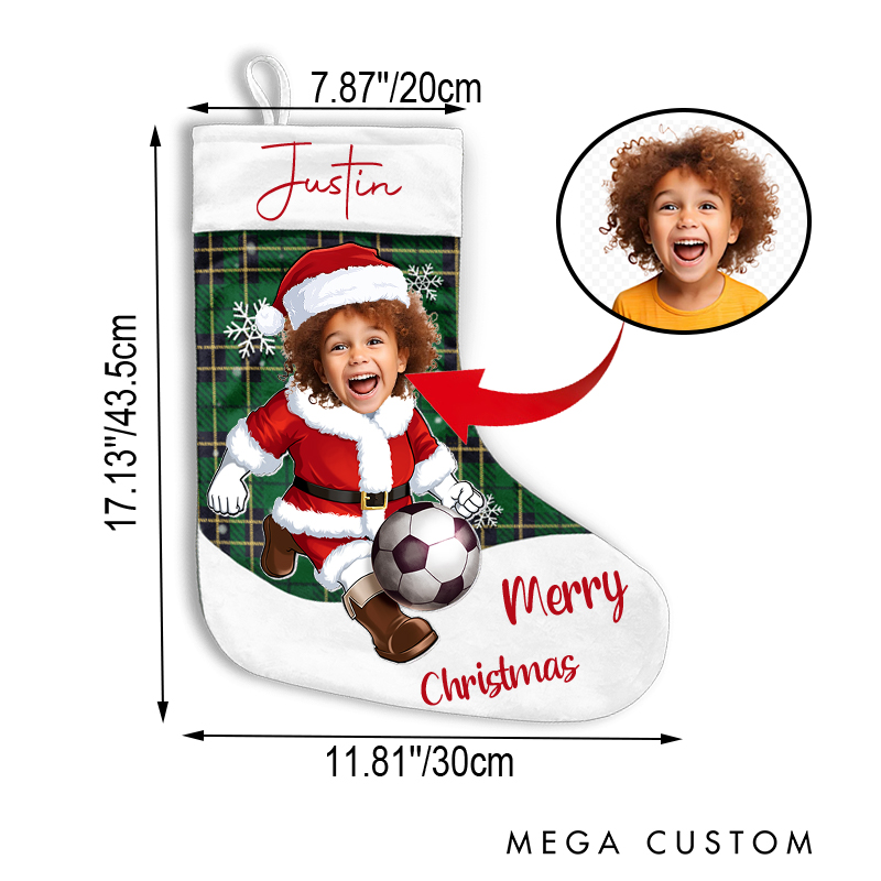 Personalized Plaid Christmas Stocking with Sporty Santa Photo and Name  