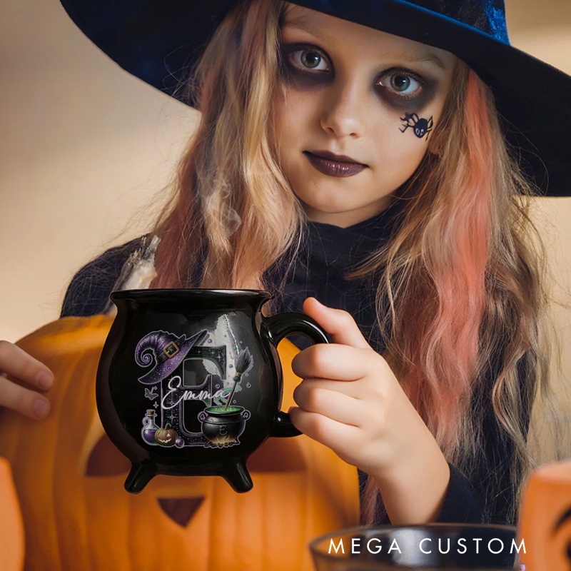Personalized Magic Pot and Witch Hat Glitter Initial Black Cauldron Ceramic Coffee Mug with Name Trick or Treat Halloween Party Gift