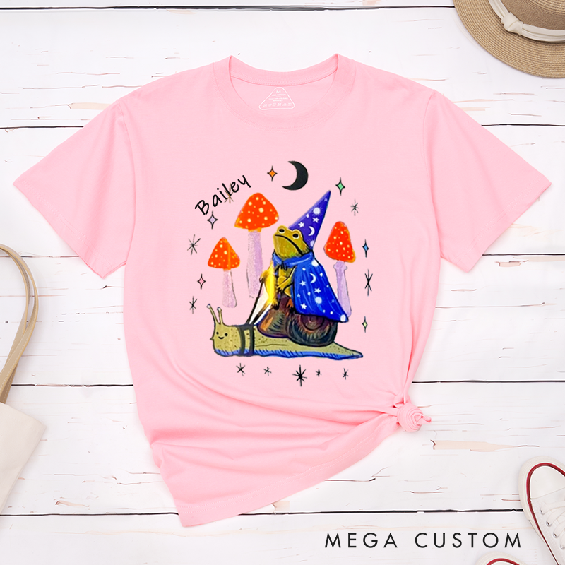 Personalized Wizard Frog Snail Ride Classic T-Shirts Custom Name Magic Fantasy Animal Gift for Nature Lovers Unisex Unique Printed Tee