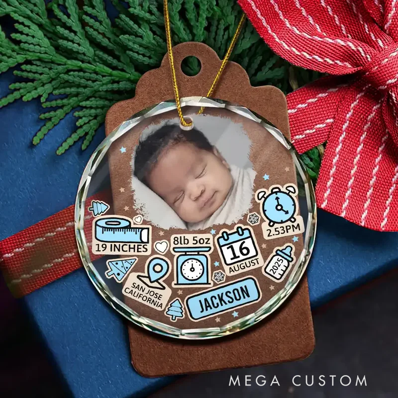 Personalized Photo Baby First Christmas Circle Glass Ornament
