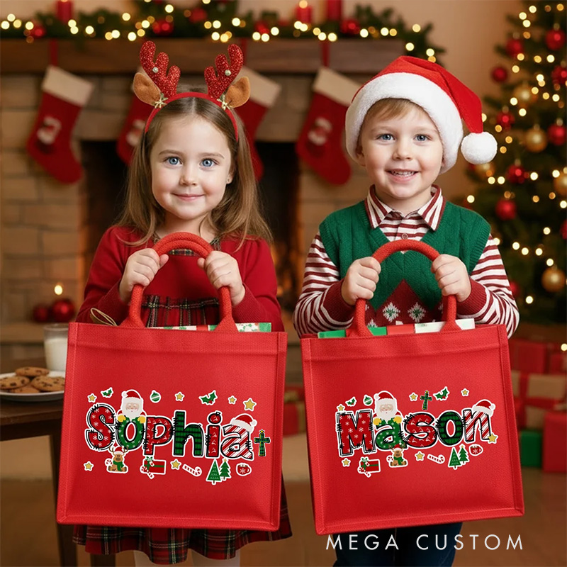 Personalized Cross Santa Claus Christmas Theme Alphabet Large Jute Tote Bag with Name Religious Christmas Festival Party Gift for Kids Family Friends