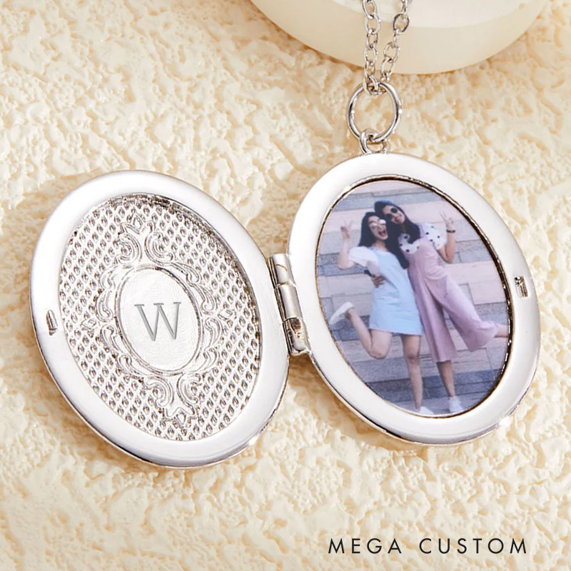 Personalized Engraved Birth Flower Locket Necklace with Photo and Initial Mother's Day Birthday Gift for Women Gardening Lovers