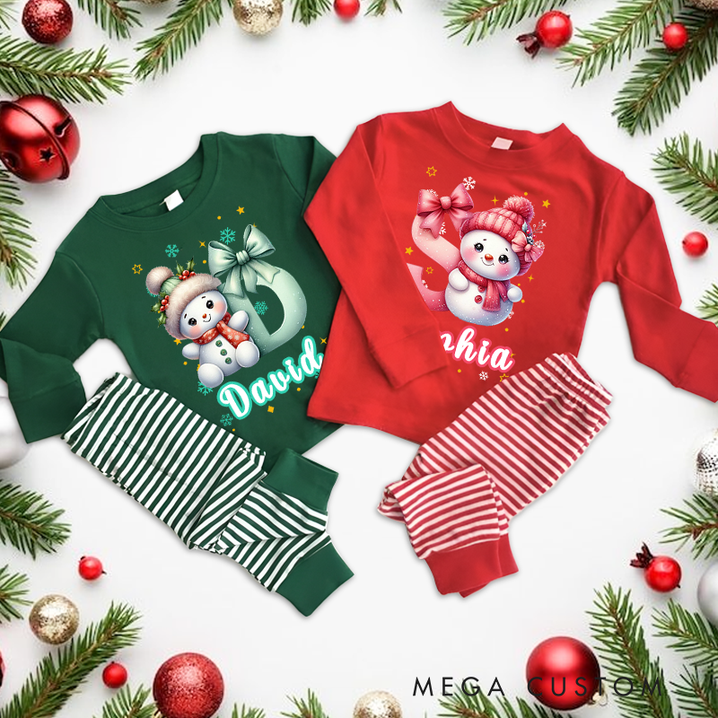 Personalized Cute Cartoon Santa Hat Snowman Initial Christmas Pajamas with Name Christmas Gift