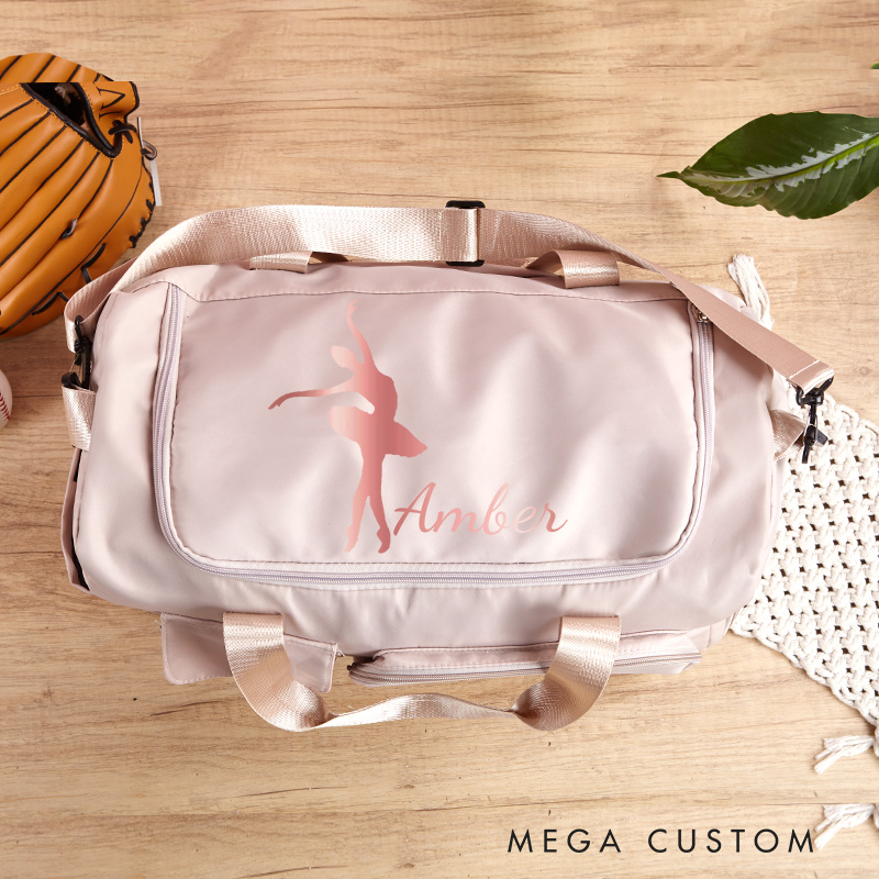Personalized Ballet Silhouette Name Waterproof Large Travel Duffle Bag Dance Bag with Shoe Compartment and Shoulder Strap for Dance Lover