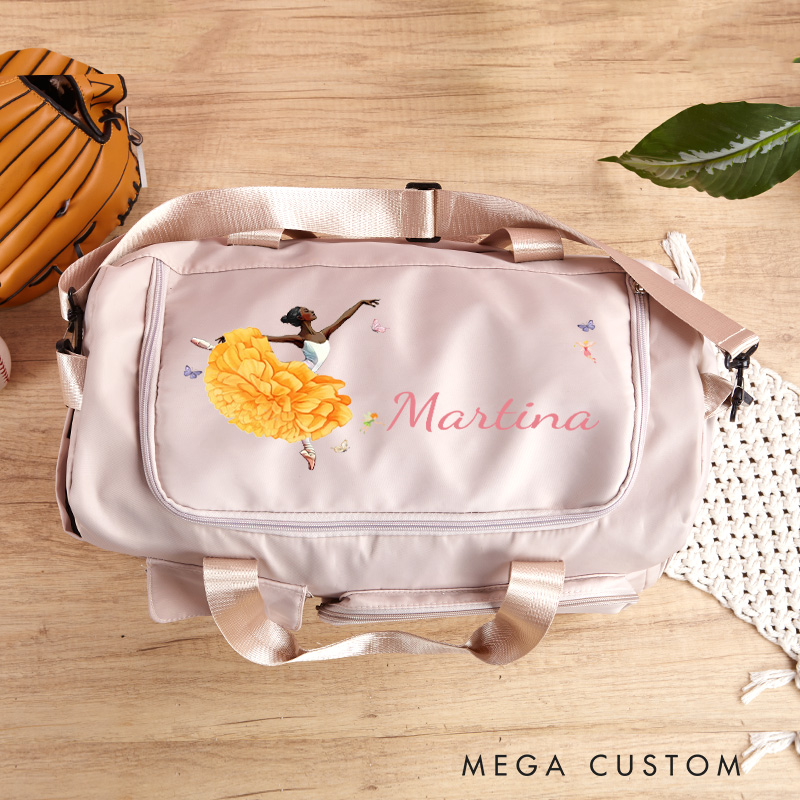 Personalized Ballet Girl Birth Flower Butterfly Waterproof Large Travel Duffle Bag Dance Bag with Shoe Compartment and Shoulder Strap for Dance Lover