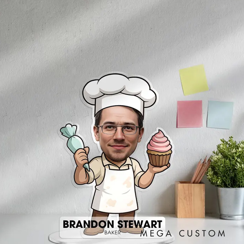 Personalized Baker Figurine Christmas Ornament Photo Caricature Portrait Desk Name Ornament Acrylic Shelf Sign Bakery Shop Decor for Baking Lover Gift