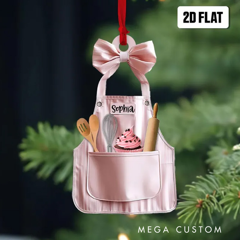 Personalized Baker Christmas Ornament 2D Flat Acrylic Ornament with Name Baking Apron Ornament Bakery Shop Decor for Baking Lover Gift