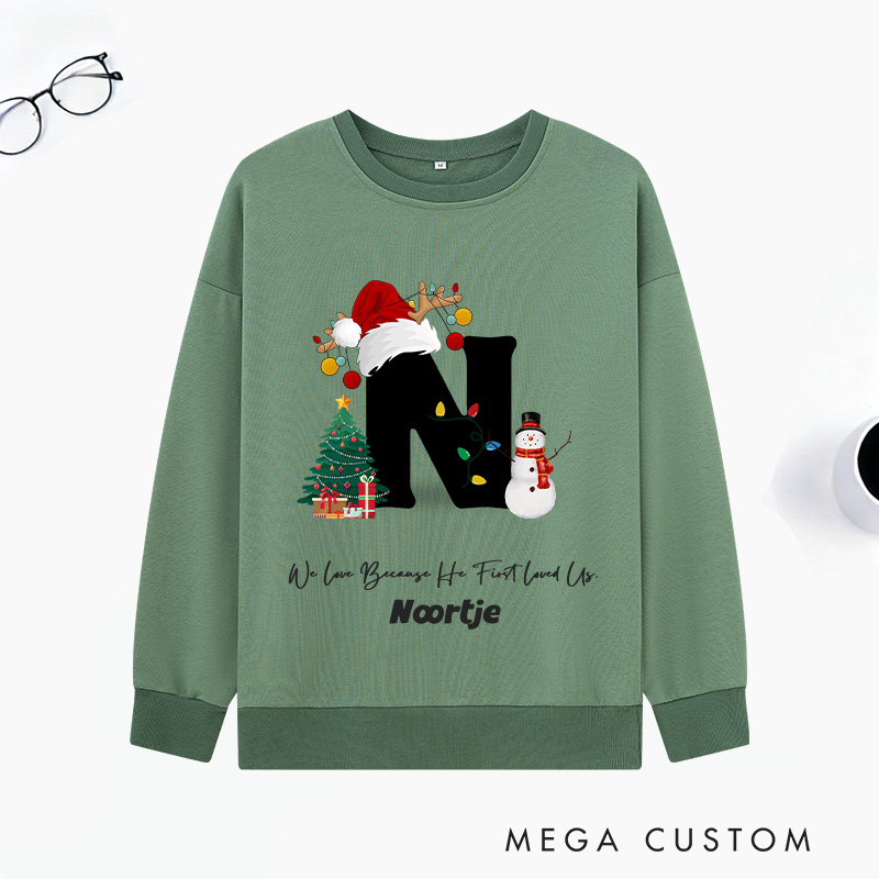 Personalized God’s Love Christmas Trees Snowmen Multicolor Classic Sweatshirt with Initial and Name Religious Christmas Gift for Couple Family Friends