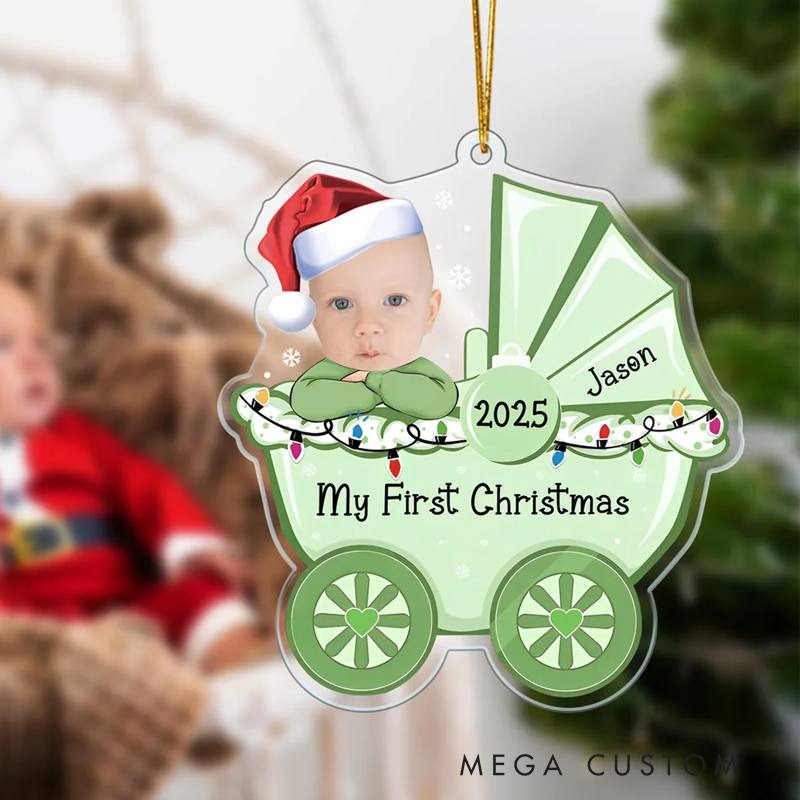 Personalized Cute Stroller Baby's First Christmas Face Photo Acrylic Ornament with Name and Year Home Decoration Christmas Gift for Babies