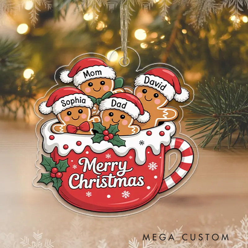 Personalized Name Gingerbread Family Christmas Ornament Acrylic Hot Cocoa Mug Holiday Keepsake Bakers Xmas Tree Decor Baking Lover Gift