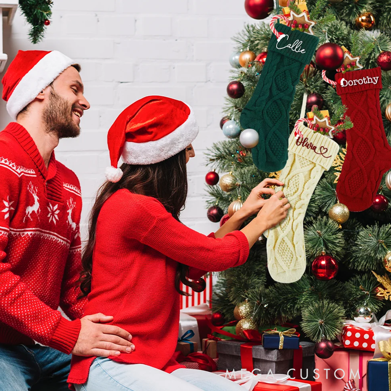 Personalized Knitted Christmas Stocking with Embroidery Name Letter Fireplace Christmas Tree Decor Hanging Ornament Gift