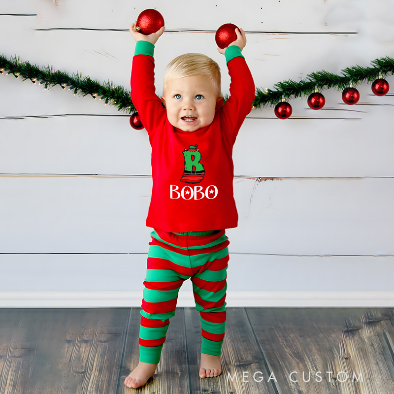 Personalized Christmas Boot Initial Kids Pajamas with Festive Red and White Stripes for Holiday Cheer