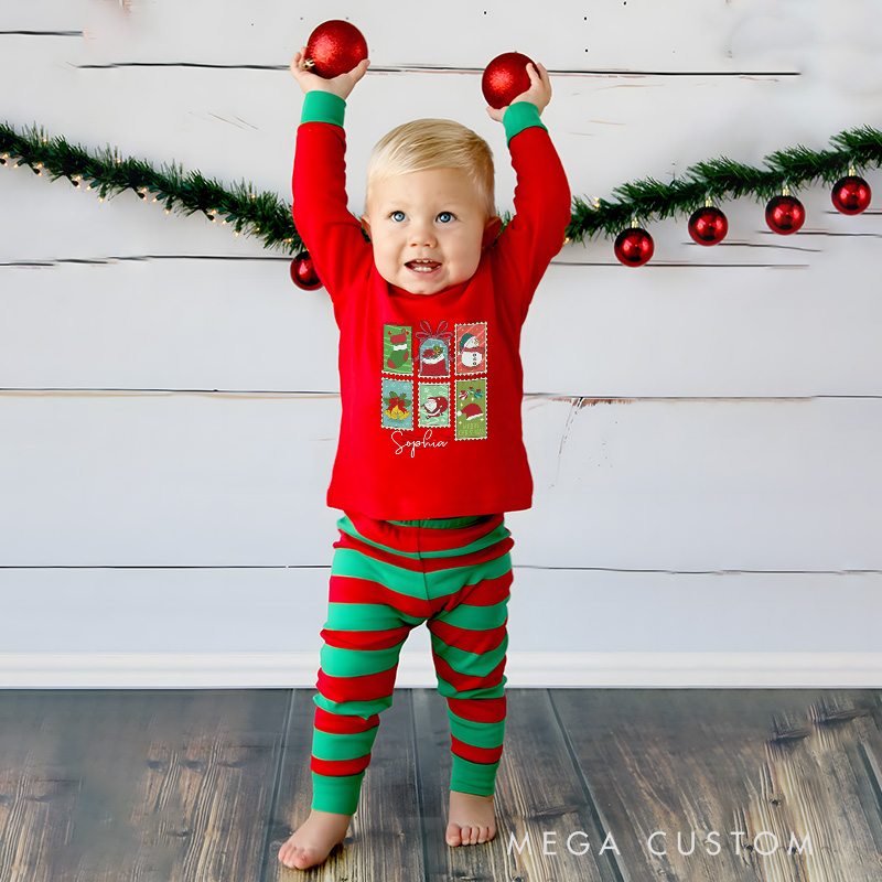 Personalized Christmas Window Kids Pajamas with Festive Scenes and Stripes for Holiday Magic
