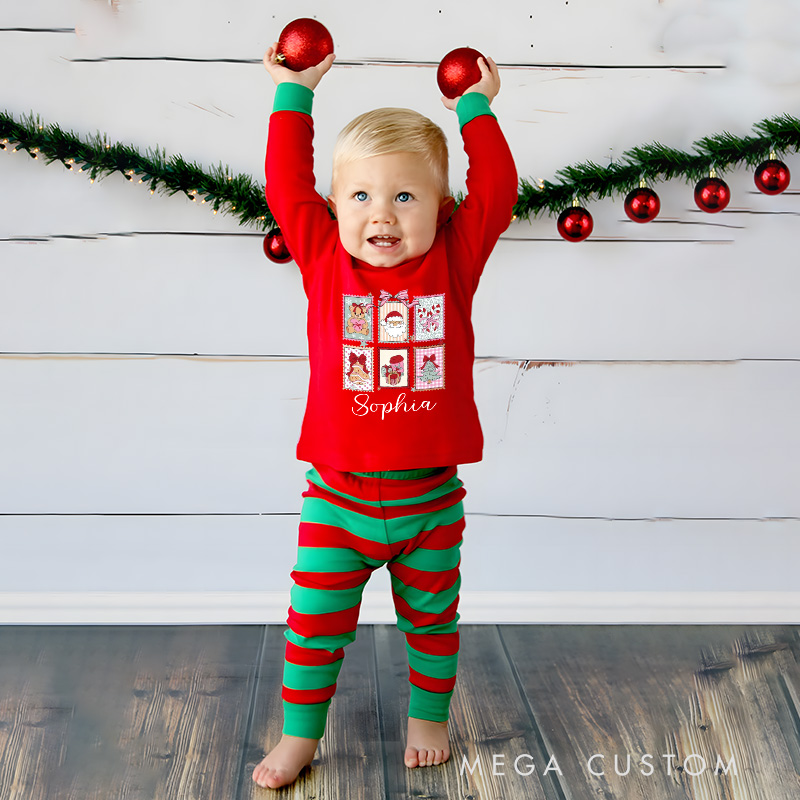 Personalized Christmas Window Kids Pajamas with Festive Scenes and Red and White Stripes for Holiday Magic
