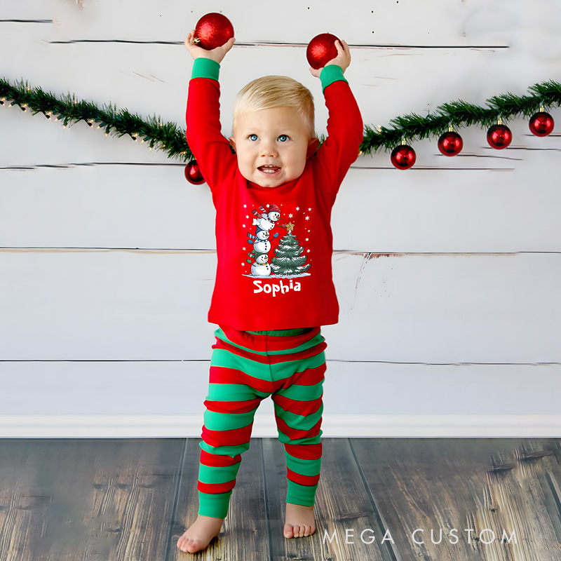 Personalized Christmas Tree Kids Pajamas with Snowy Scene and Stripes for a Merry Celebration