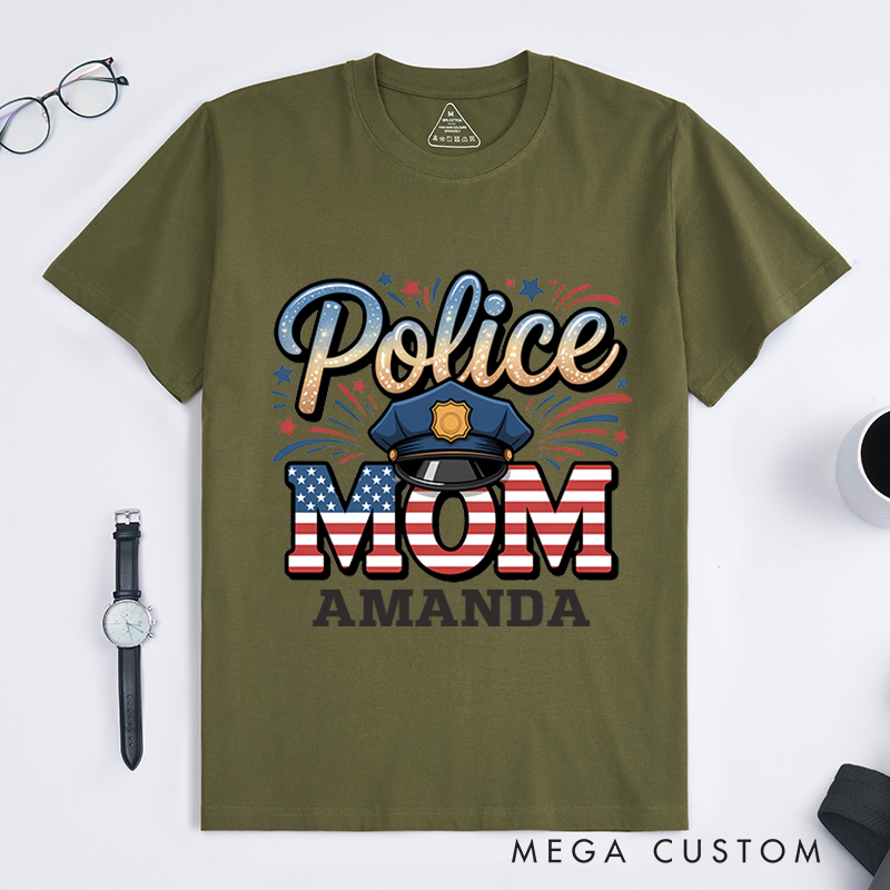 Personalized Police Mom T-Shirt with Patriotic Design and Custom Name Gift for Proud Moms 