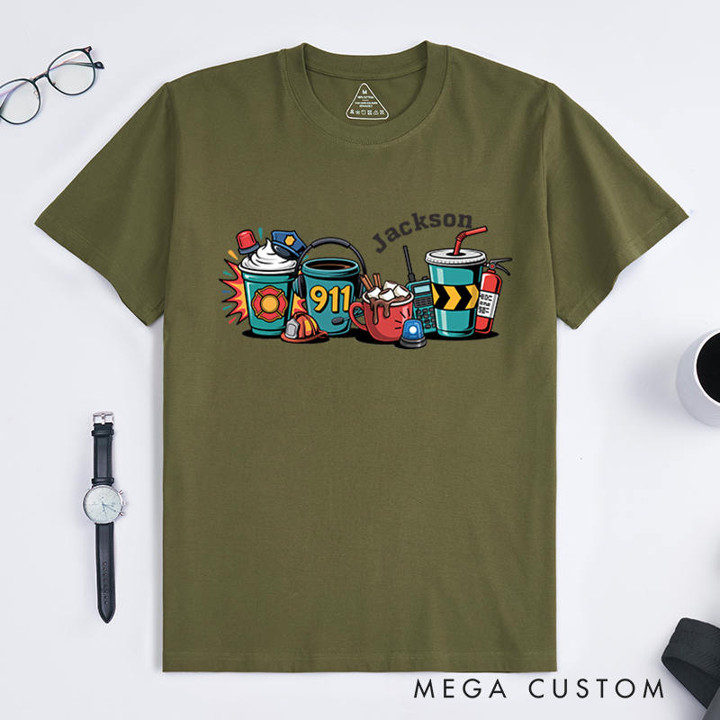 Personalized 911 Dispatcher T-Shirt with Fun Coffee and Work Themed Design Gift for Dispatchers