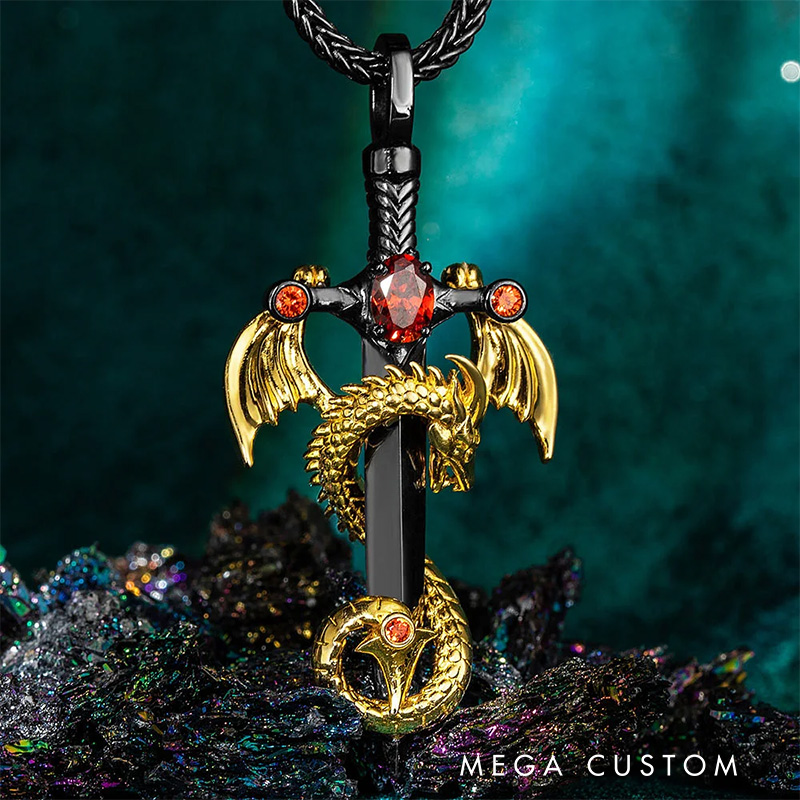 Personalized Wing Dragon Wrapped Sword Necklace with Birthstone Gothic Pendant Jewelry Birthday Gift for Rock Punk Lovers Book Lovers Gift