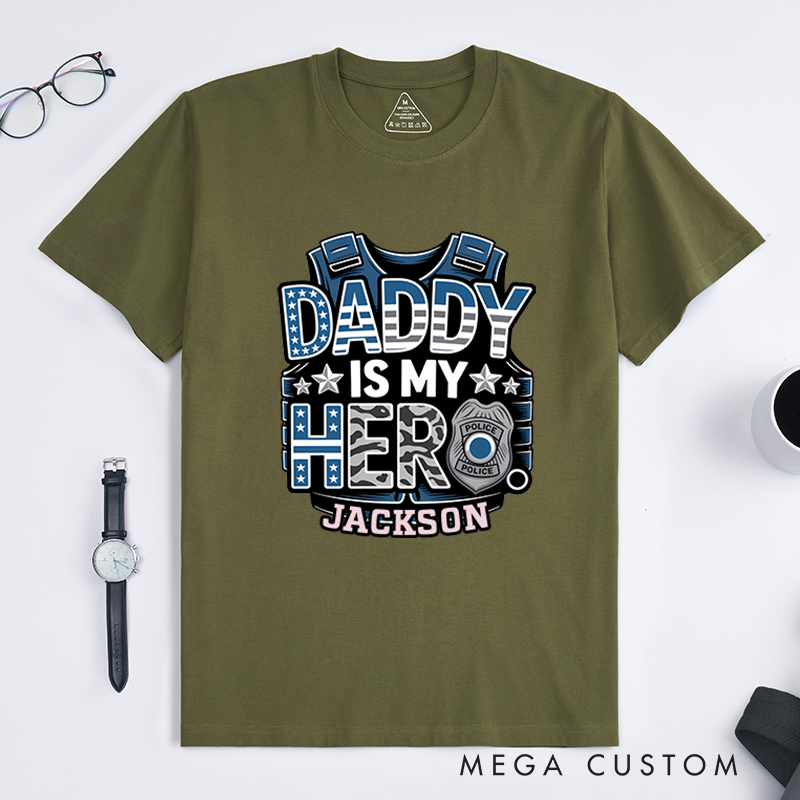 Personalized Daddy Is My Hero T-Shirt with Police Badge and Vest Design Gift for Kids of Officers