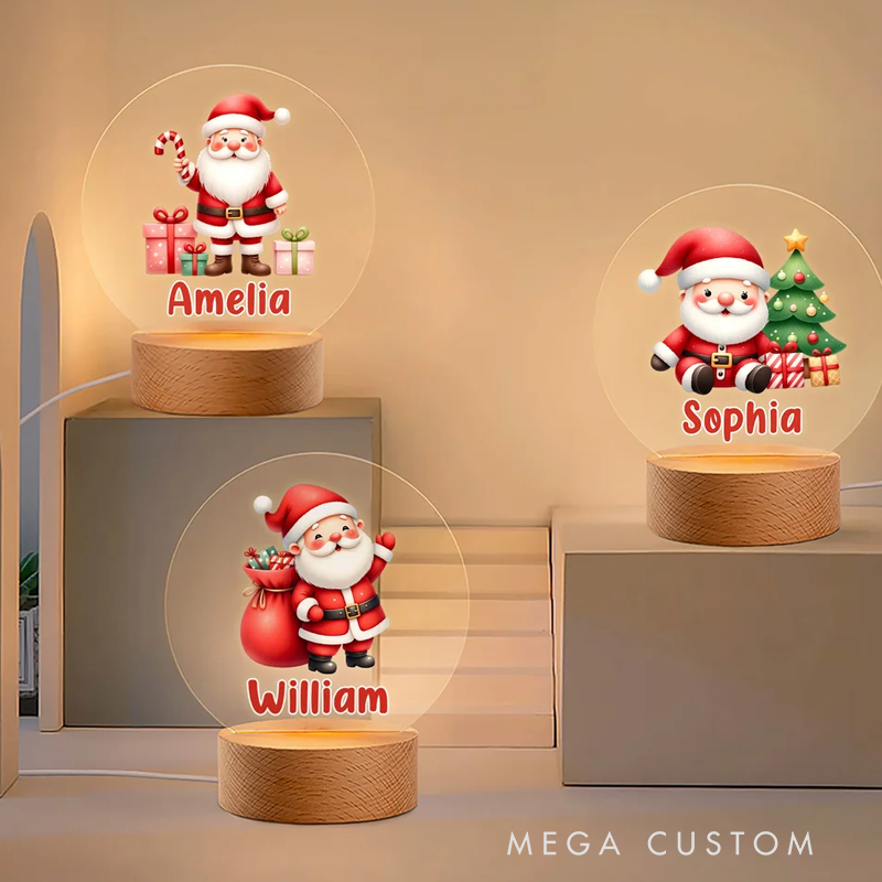 Personalized Cartoon Santa Claus Acrylic LED Night Light with Name and Wooden Base Room Decor Christmas Gift for Kid Baby