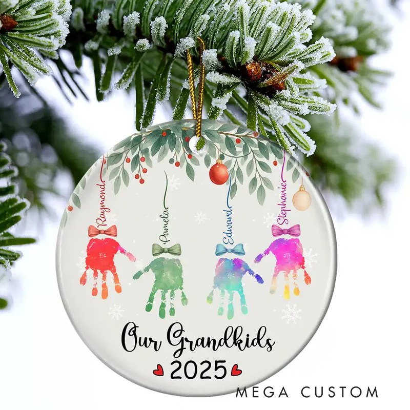 Personalized My Grandkids Handprints Circle Ceramic Ornament