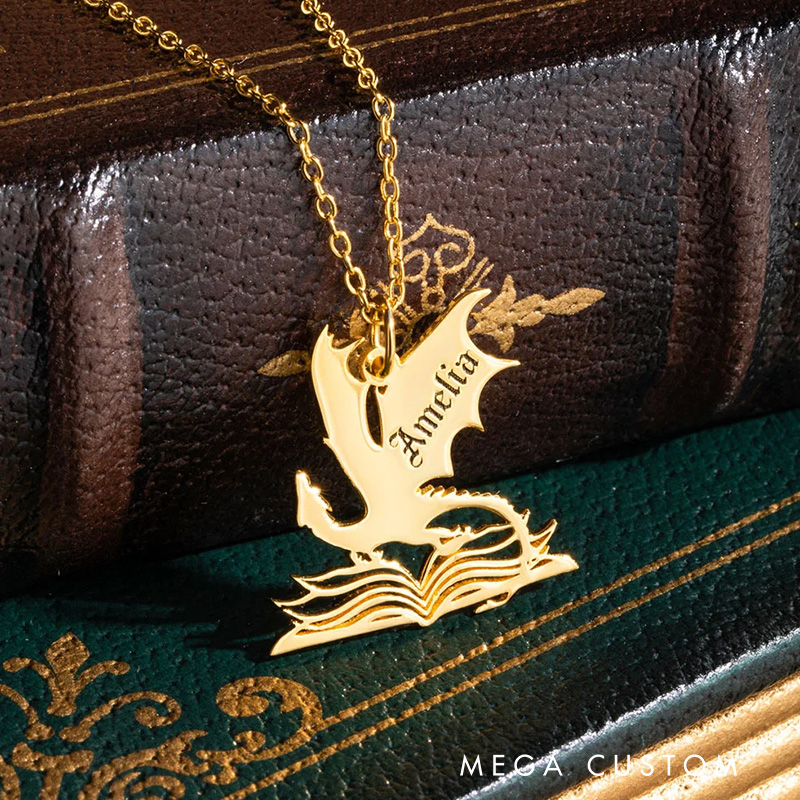 Personalized Book Dragon Necklace with Name Birthday Anniversary Gift for Bookworm Reader Fantasy Book Lovers Gift
