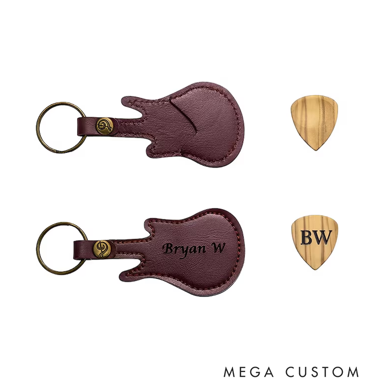 Personalized Name Guitar Leather Keyring Guitar Pick Holder Custom Guitar Pick in Guitar Shaped Leather Keyring Gift for Guitarist