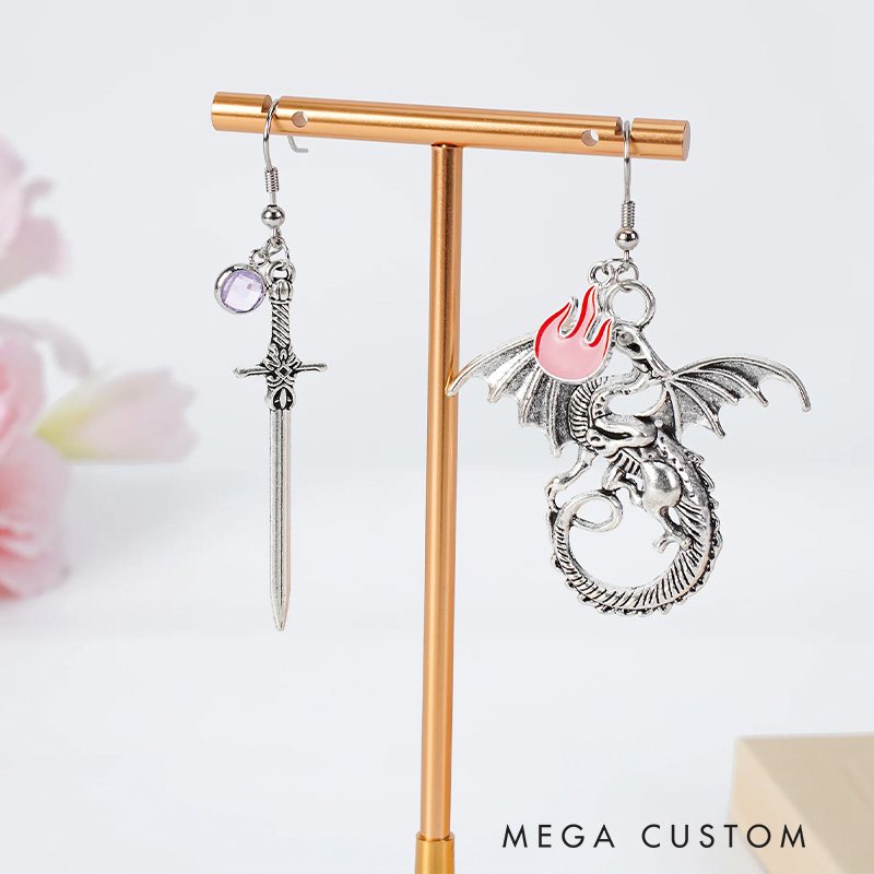 Personalized Fantasy Dragon Sword Earrings with Birthstone Birthday Anniversary Christmas Gift for Women Bookworms Fantasy Book Lovers Gift