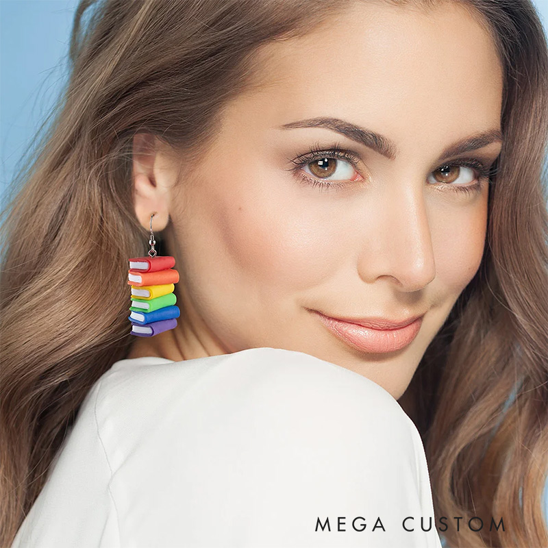Personalized Rainbow LGBTQ Pride Flag Dangle Earrings Book Lovers Gift