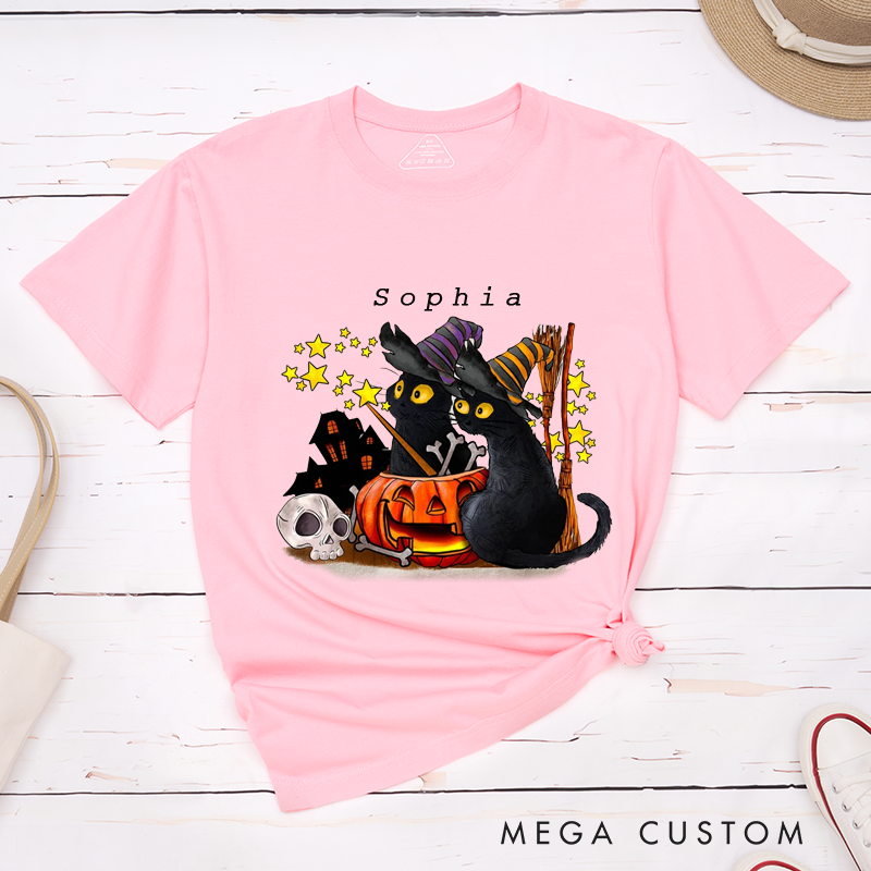 Personalized Halloween Black Cat T-Shirt Custom Witch Hat Pumpkin Skull Classic Unisex Gift Vintage Spooky Stars Broomstick Present for Cat Lovers