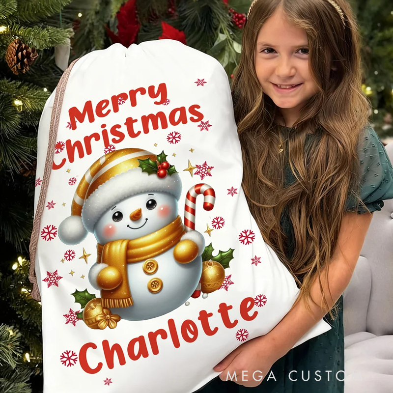 Personalized Merry Christmas Cute Snowman Drawstring Canvas Gift Bag with Name Christmas Party Gift for Kids Family