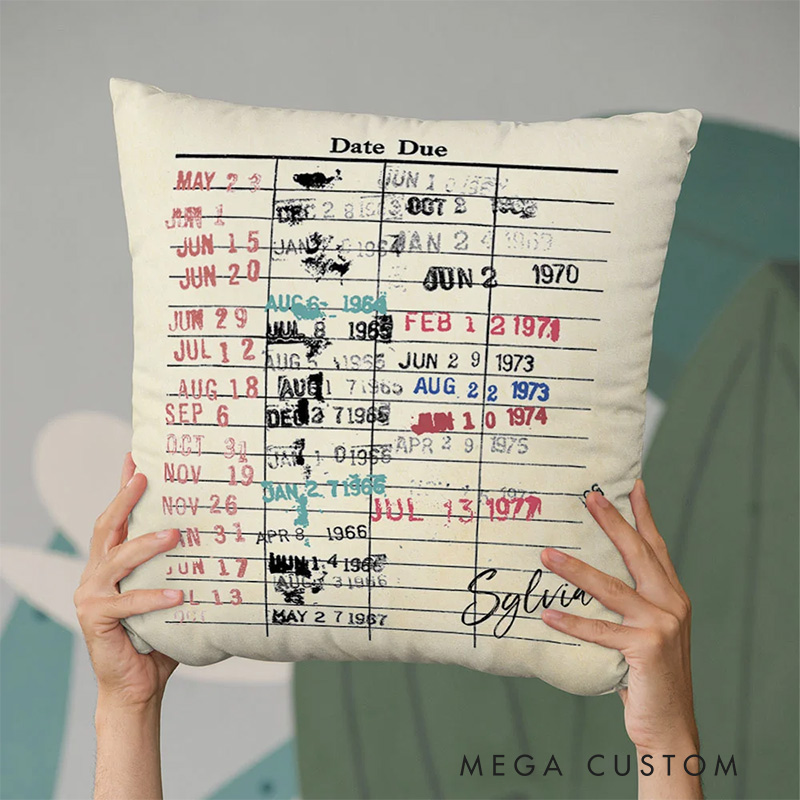Personalized Date Due Card Cushion Throw Pillow with Name Retro Library Pillow Cover Gifts for Book Lovers Readers